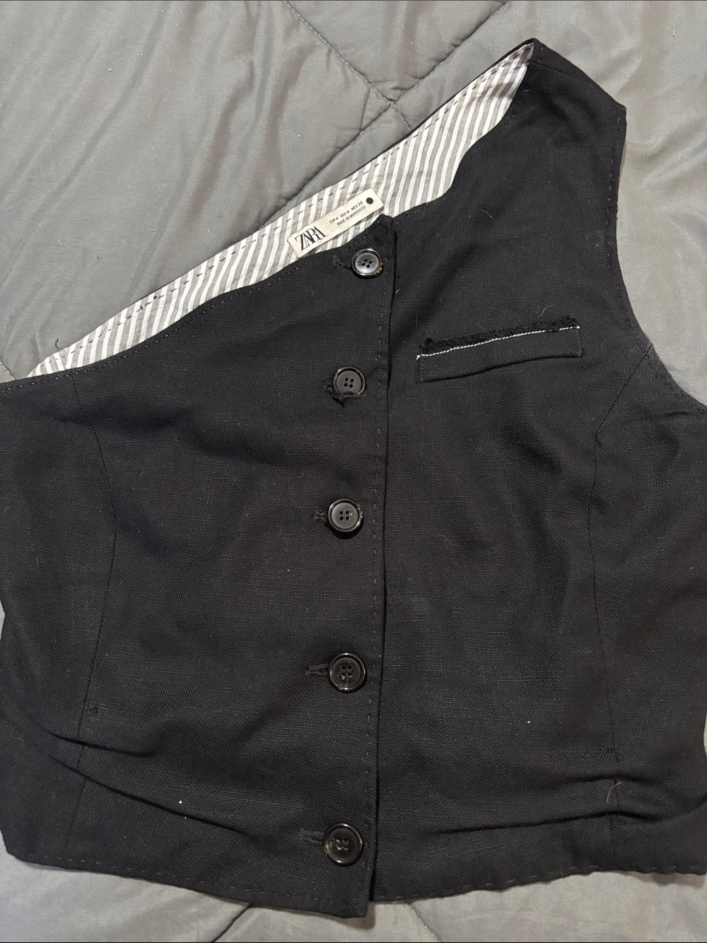 Zara Black Button-Front Angle Vest with Striped Lining